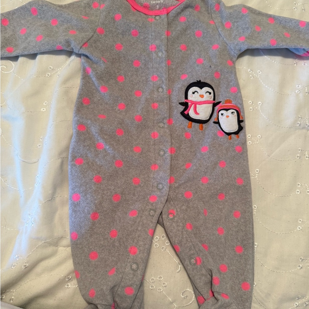 Carter's Gray Footie with Pink Dots and Penguin Design